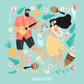 Hawaiian party concept with a man playing the guitar and dancing girl, musical instruments, drinks and tropical plants