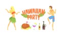 Hawaiian Party, Happy People Relaxing on Summer Holidays Vector Illustration