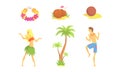 Hawaiian Party Objects Set, Symbols of Tropical Summer Holidays, Daning People, Cocktail, Palm Tree Cartoon Vector