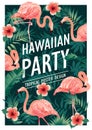 Hawaiian party. Vector illustration of tropical birds, flowers, leaves. Vector illustration.