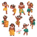 Hawaiian People Character with Lei Garland or Wreath Hula Dancing and Cheering Vector Set