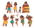 Hawaiian People Character with Lei Garland or Wreath Playing Ukulele and Hula Dancing Vector Set