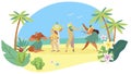 Hawaiian people welcome tourist family on exotic island, ethnic summer vacation, vector illustration