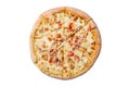 Hawaiian Pizza isolated on a white background. Pizza with meat, ham, pepper and pineapple. Top view Royalty Free Stock Photo