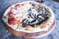 Hawaiian pizza and pesto mushroom pizza ,half and half topping pizza or split half topping pizza