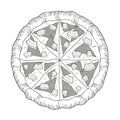 Hawaiian pizza pineapple, ham - black and white illustration/ drawing