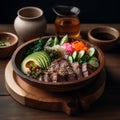 Hawaiian poke bowl with beef, avocado, cucumber and sesame seeds on wooden background
