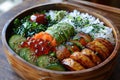 Hawaiian poke bowl with salmon, avocado, cucumber and sesame seeds