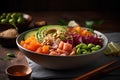 Hawaiian poke bowl with salmon, avocado, seaweed and sesame seeds