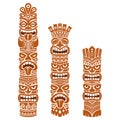 Hawaiian and Polynesia Tiki pole totem vector design - brown tribal folk art background, two or three heads statue