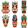 Hawaiian, polynesian, african, aztec tiki masks. Vector set of icons