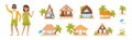 Hawaiian Rest with Happy Man and Woman and Tropical Hut or Bungalow with Palm Tree Vector Illustration Set