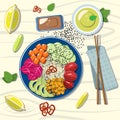 Poke bowl with salmon and vegetables Eps 10 vector graphics in flat style.