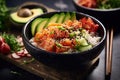 Hawaiian salmon fish poke bowl with rice