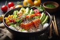 Hawaiian salmon fish poke bowl with rice