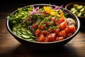 Hawaiian salmon poke bowl with avocado, cucumber, sesame seeds and radish on wooden background, A colorful bowl of poke with fresh