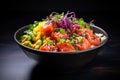 Hawaiian salmon poke bowl with avocado, sesame seeds, cucumber, red onion and mango on black background, A colorful bowl of poke