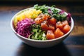 Hawaiian salmon poke bowl with mango, cucumber and red cabbage, A colorful bowl of poke with fresh ingredients, AI Generated