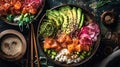 Hawaiian salmon poke bowl with rice, avocado, radish and sesame seeds