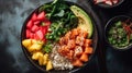 Hawaiian salmon poke bowl with rice, avocado, seaweed, mango and sesame seeds. Generative AI