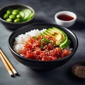 Hawaiian salmon poke bowl with rice, avocado, sesame seeds and soy sauce on a dark background