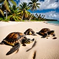 Hawaiian sea turtles on a tropical beach with palm trees Royalty Free Stock Photo