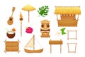 Hawaiian set holiday traditional elements in cartoon style isolated in white background. Beach bar with straw, umbrella, wooden