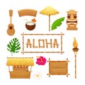 Hawaiian set holiday traditional elements in cartoon style isolated in white background. Beach bar with straw, umbrella Royalty Free Stock Photo