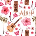 Hawaiian simbols - Luau, Aloha, Tiki, Ukulele, Plumeria, hibiscus, palm tree. Seamless pattern