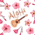 Hawaiian simbols - Luau, Aloha, Ukulele, Plumeria, hibiscus. Seamless pattern. Watercolor illustration.