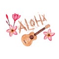 Hawaiian simbols - Luau, Aloha, Ukulele, Plumeria. Watercolor illustration. Isolated on white. Royalty Free Stock Photo