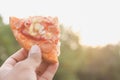 Close-up of Hawaiian sliced pizza with ham and pineapple in men`s hands Royalty Free Stock Photo