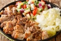 Hawaiian Slow cooked Kalua pork served with cabbage and salad close-up on a plate. horizontal