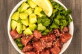 Hawaiian Style Tuna And Avocado Sashimi Poke Food Bowl Royalty Free Stock Photo