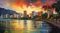 Hawaiian Sunrise Serenity: Coastal Cityscape Painted with Morning Hue Royalty Free Stock Photo