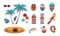 Hawaiian Tiki icons. Summer tropical art with palms and flowers. Surfboard, sunglasses or hat. Beach vacation collection