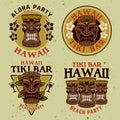 Hawaiian tiki wooden head set of four vector colorful emblems, badges, labels, stickers or logos in cartoon style on