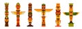 Hawaiian traditional mask totem poles. Flat wooden indigenous tiki totems. Native indian masks, african tribal faces