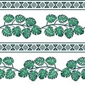 Hawaiian tribal geometrical rhombus seamless pattern with horizontal lines of green monstera leaves and aboriginal ornament