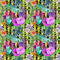 Hawaiian Tropical gungle colorful watercolor hand drawn seamless pattern with plants and birds