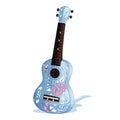 Hawaiian ukulele blue guitar with a pattern of pink hibiscus, white leaves and curls. Folk musical instrument of the islands Royalty Free Stock Photo