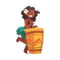 Hawaiian Woman Character with Flower on Her Head Playing Drum and Hula Dancing Vector Illustration