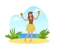Hawaiian Young Woman in Traditional Skirt of Leaves Dancing and Playing Maracas on Tropical Beach Vector Illustration