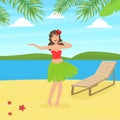 Hawaiian Young Woman in Traditional Skirt of Leaves Dancing on Tropical Beach Vector Illustration