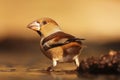 The hawfinch Coccothraustes coccothraustes sitting at a waterhole. A large colorful songbird with a massive beak at the watering Royalty Free Stock Photo