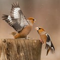 Hawfinch Coccothraustes coccothraustes. Songbirds fight on the feeder for food in winter