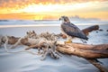hawk on a beachside driftwood during sunrise