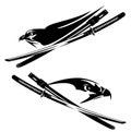 Hawk bird and samurai katana sword black and white vector design set