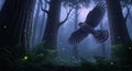 Hawk Flying Through Enchanted Forest at Night with Fireflies Glowing. Royalty Free Stock Photo