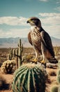 Hawk Perched on Barrel Cactus in the Arid Desert of Southwest America Scenery Royalty Free Stock Photo